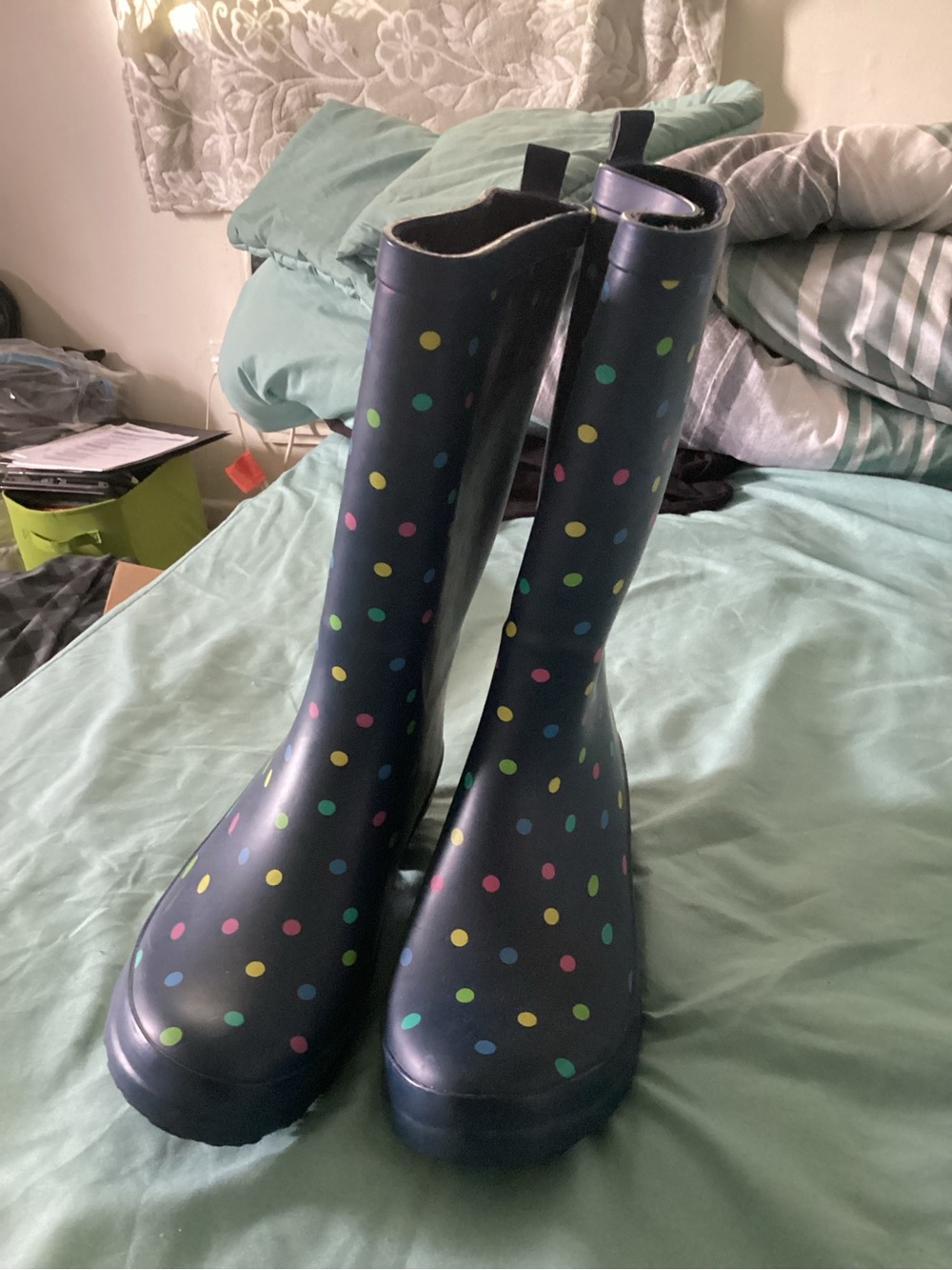 Target Navy Rain Boots with Multicolor Polka Dots